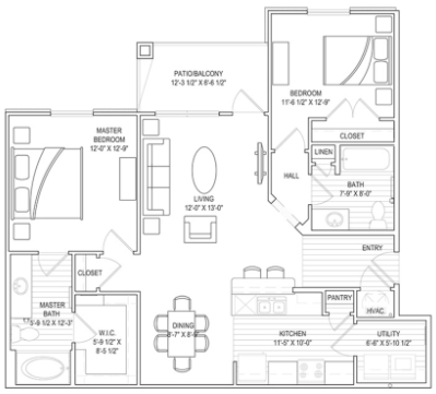 2 bed, 2 bath, 1093 sqft unit